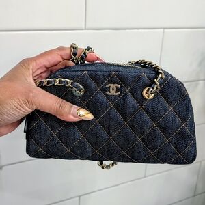CHANEL Blue Quilted Denim Mini Chain Shoulder Bag with Gold Hardware